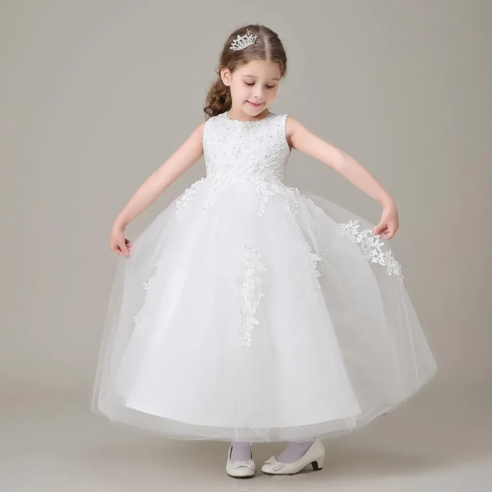 Фото Vestidos de daminha/Белое фатиновое бальное платье с вышивкой и бисером; Длинные Платья с цветочным узором для девочек на свадьбу; коллекция 2016 года; ... №2