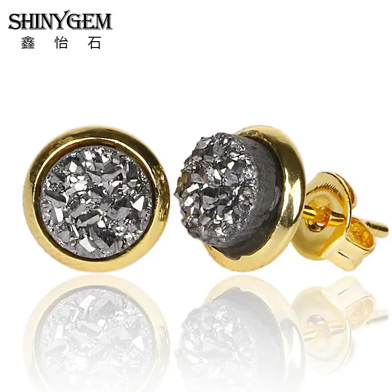 ShinyGem 6 мм/8 мм/10 мм/12mm круглый Агат Серьги позолота Натуральный камень гвоздики милые минеральная Кристаллические серьги для Для женщин - Окраска металла: Silver