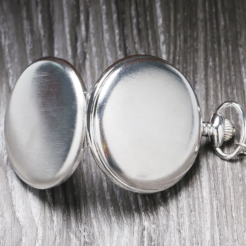 

Silver Brushed Glossy Full Hunter Quartz Pocket Watch Classic Arabic Numerals Dial Pendant Antique Pocket Watches Necklace Chain