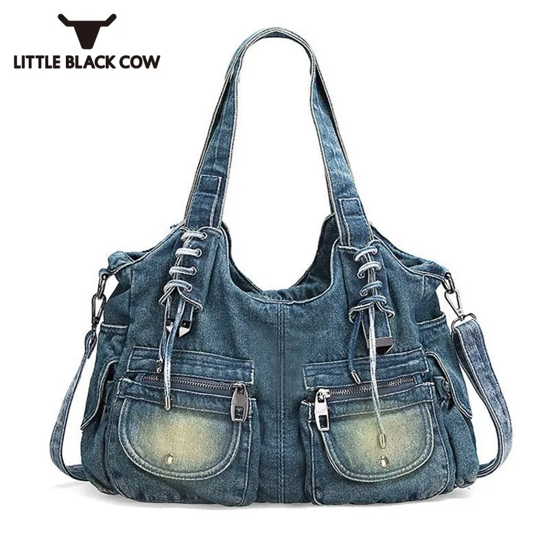 

Fashion Women Bag Vintage Casual Denim Handbag Lady Large Capacity Jeans Tote Lace Up Zipper Shoulder Messenger Bag Motorcycle