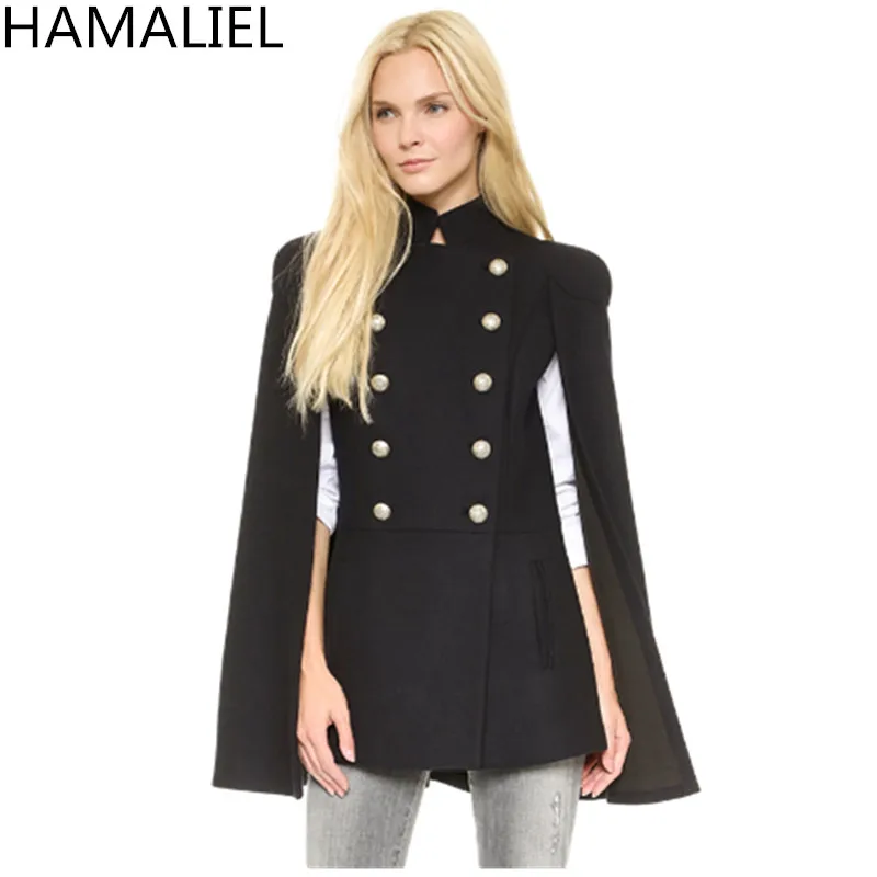 Черный HAMALIEL, европейский стиль, женская накидка, шерстяное пальто, новинка, зимняя, черная, двубортная, стоячий воротник, Женский Тренч, верхняя одежда - Цвет: Черный