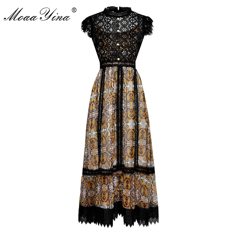 MoaaYina мода Дизайнер взлетно-посадочной полосы летнее платье женское с жемчужными