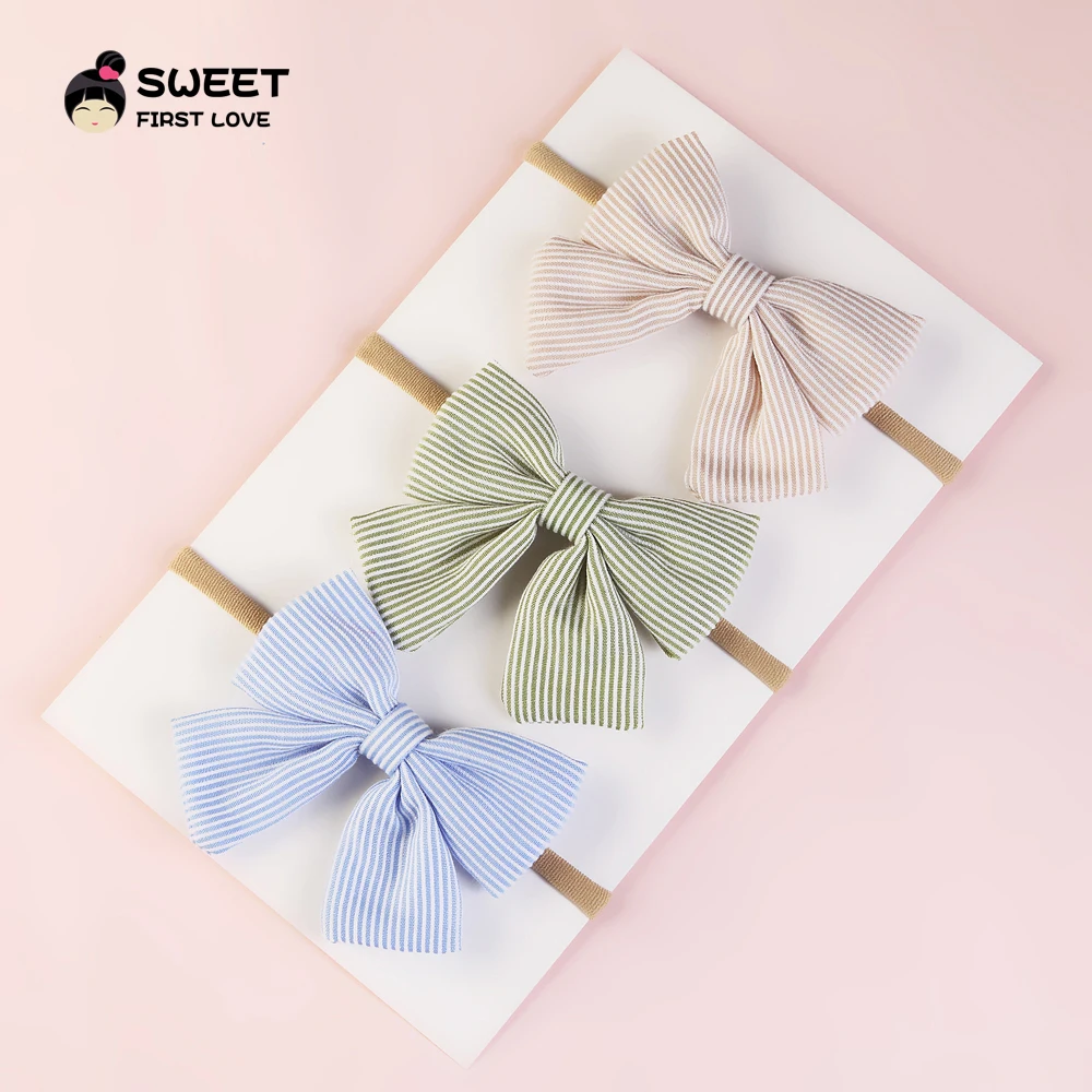 8 шт./лот ручная работа бант хлопковые повязки на голову в полоску эластичная