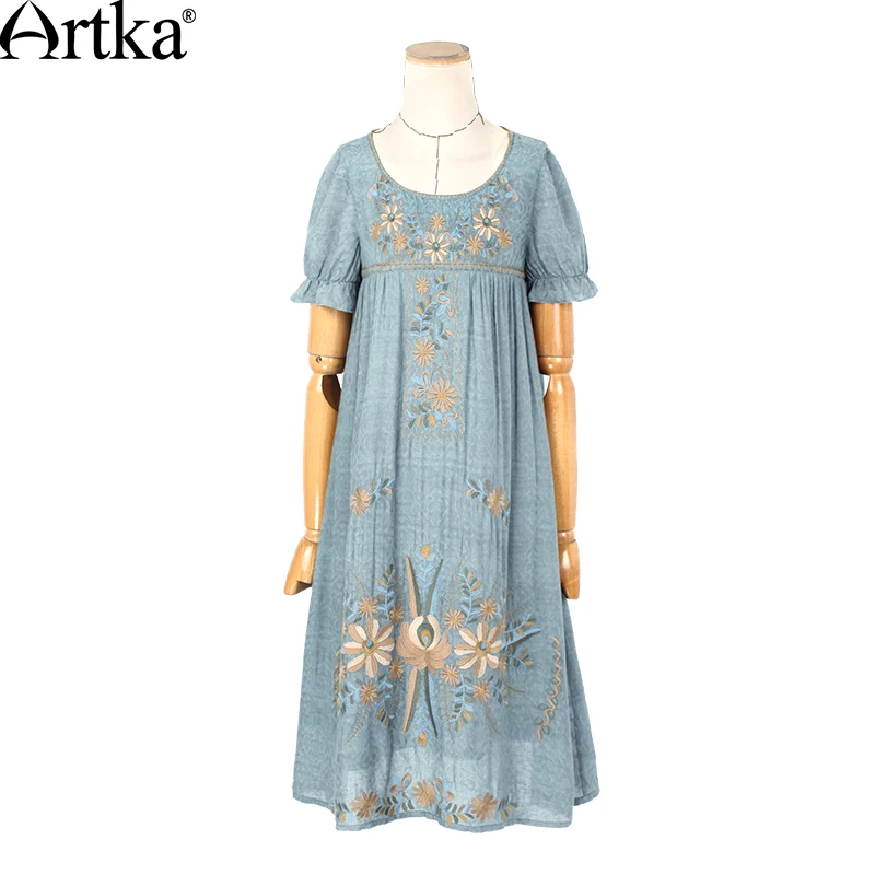 ARTKA Женская летняя Новая Винтажная с круглым вырезом коротким рукавом вышивка
