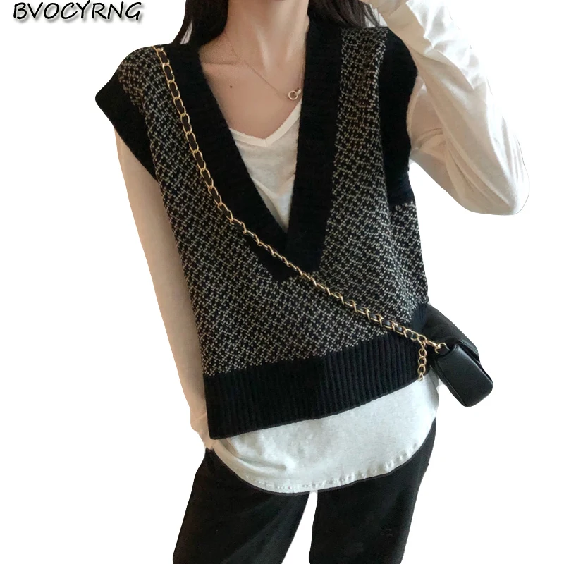 

new womens Fashion retro V-neck loose wool knit vest two-piece spring and autumn cotton long-sleeved shirt shirt women A1161