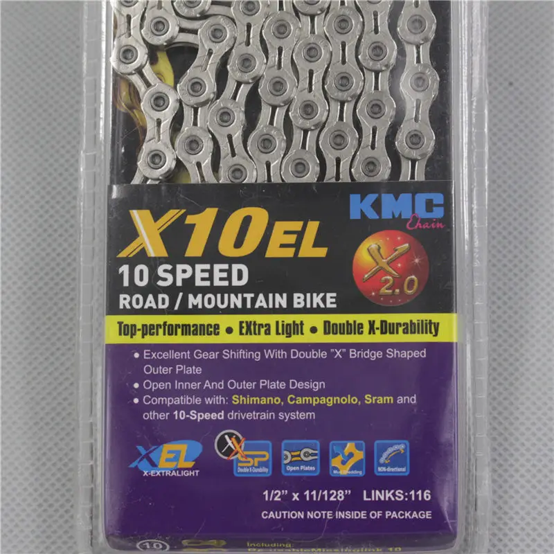 Велосипедная цепь KMC X8 X9 X10 X10SL X11 X11SL X12 7S 8S 9S 10S 11S 12S для MTB/шоссейного велосипеда Shimano/SRAM 8 9 10 11 скорость 116л/цепь - Цвет: X10EL Silver 116L