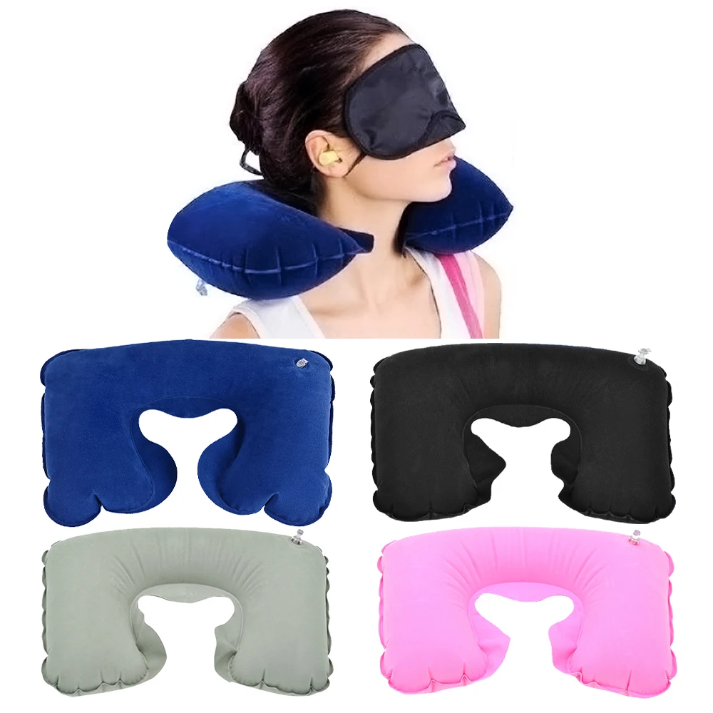 U-shaped Travel Pillow Neck Cushion Inflatable Double Sided Flocking Car Airplane Hotel Bed Sleep A | Дом и сад