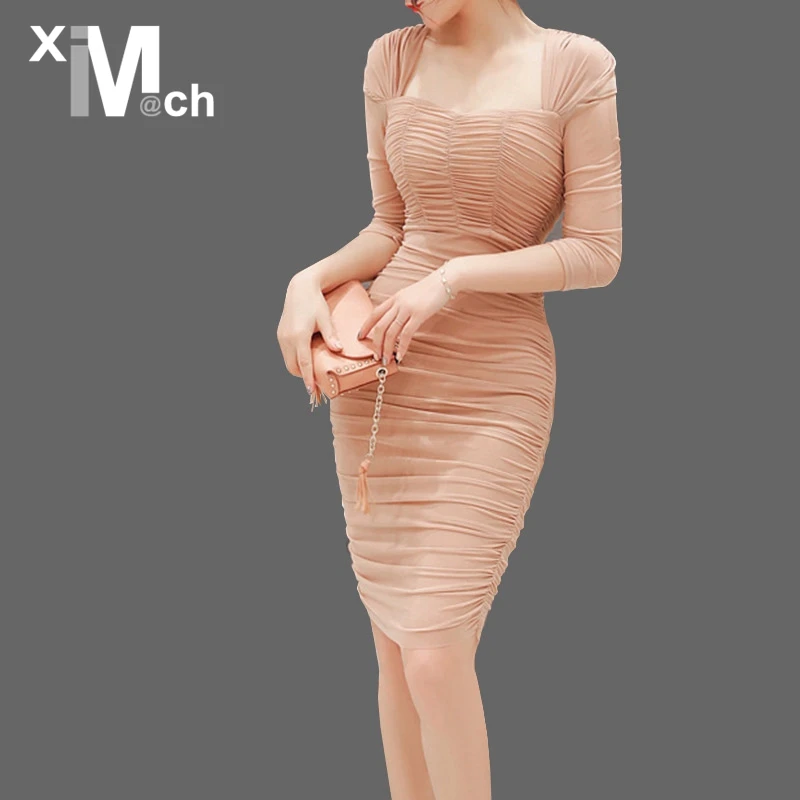 xiM&M@ch Women Sexy Dress Square-collar Half-sleeve Shirring Mesh Pleated DR12341D | Женская одежда