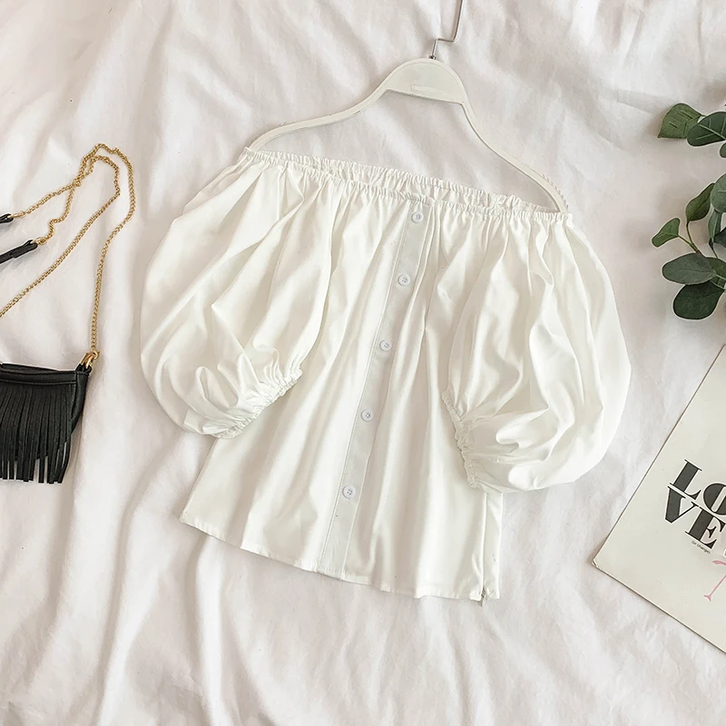 2019 Новая модная женская блузка рубашка Слэш шеи без бретелек Топы однобортный