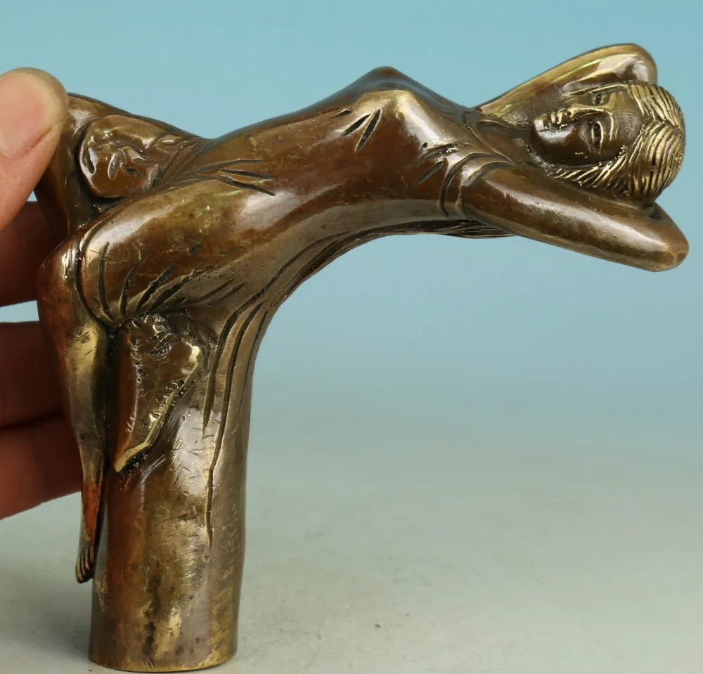 

100% Pure Copper Brass s decoration Chinese Old BRASS Handmade Carved belle Collect Walking Stick Head christmasroom Art