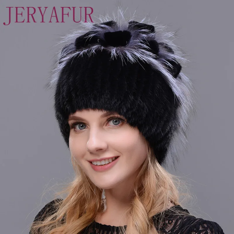 Женская меховая шапка JERYAFUR зимняя из натурального меха кролика Рекс лисы новая