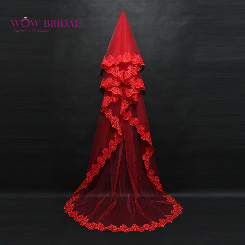 

Wowbridal Elegant Red Bridesmaid Wedding Veil 2021 Embroidered Appliqued Edge Organza Floor-Length Bridal Accessories