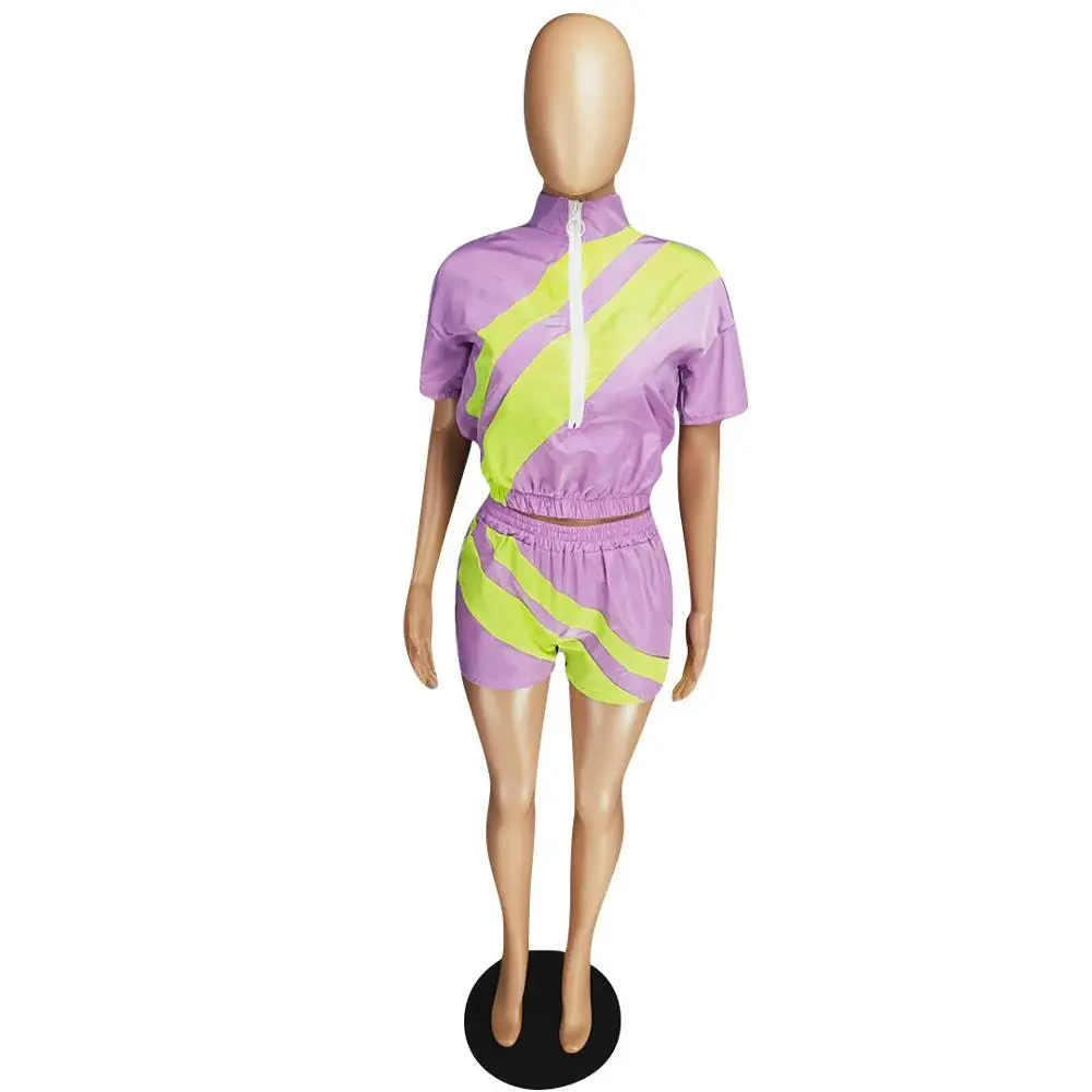 

Women's Two Piece Sets Fashion Color Matching Summer Casual Sports Suits Female Zip Crop Tops + Shorts Playsuits Loose Leisure