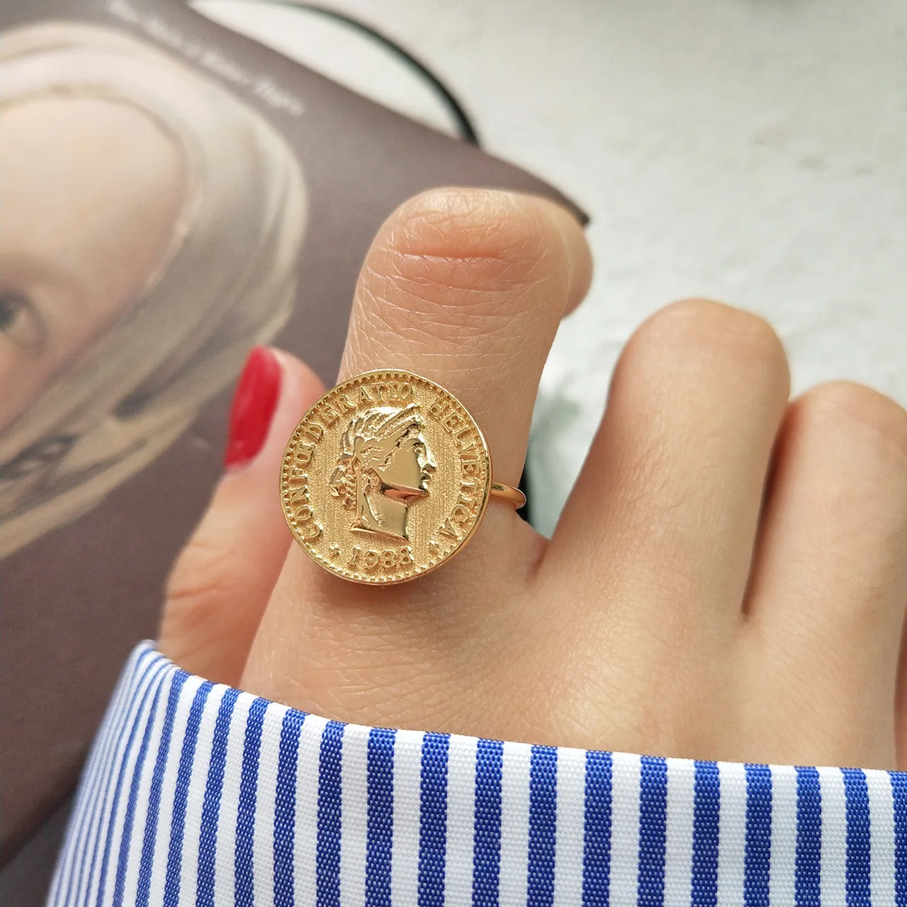 Кольцо Elizabeth корейское Серебро S925 пробы золото доллар круглая монета модные