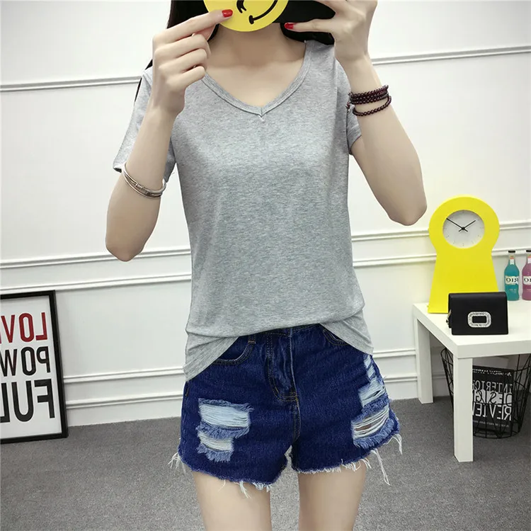 Женская футболка с v-образным вырезом Однотонная логотипом на заказ и карманом