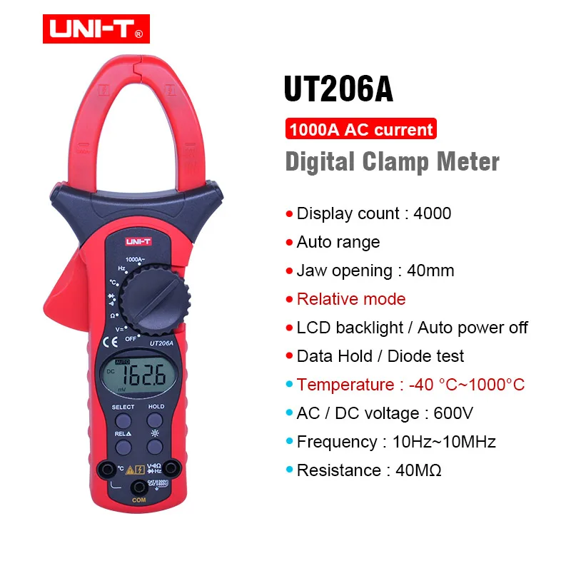 UT206A Блок UT205A/UT206A Автоматический диапазон 1000A цифровые клещи мультиметры вольтметр с ЖК-подсветкой высокотоковые клещи - Цвет: UT206A