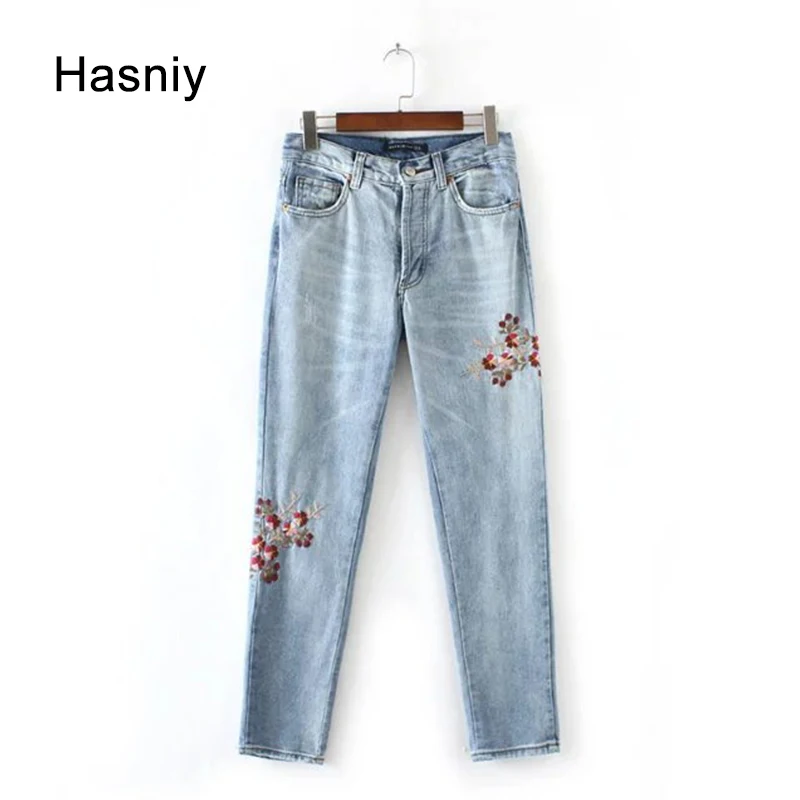 Hasniy Вышивка Для женщин Джинсы для Высокая Талия Свободные прямые Брюки девочек