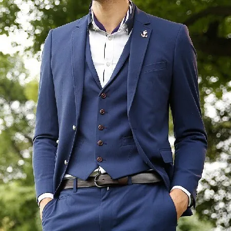 New Design Jacket+Pant+Vest Blue Wedding Suit 2015 Modern Mens Suits Slim Fit suit men for wedding | Мужская одежда