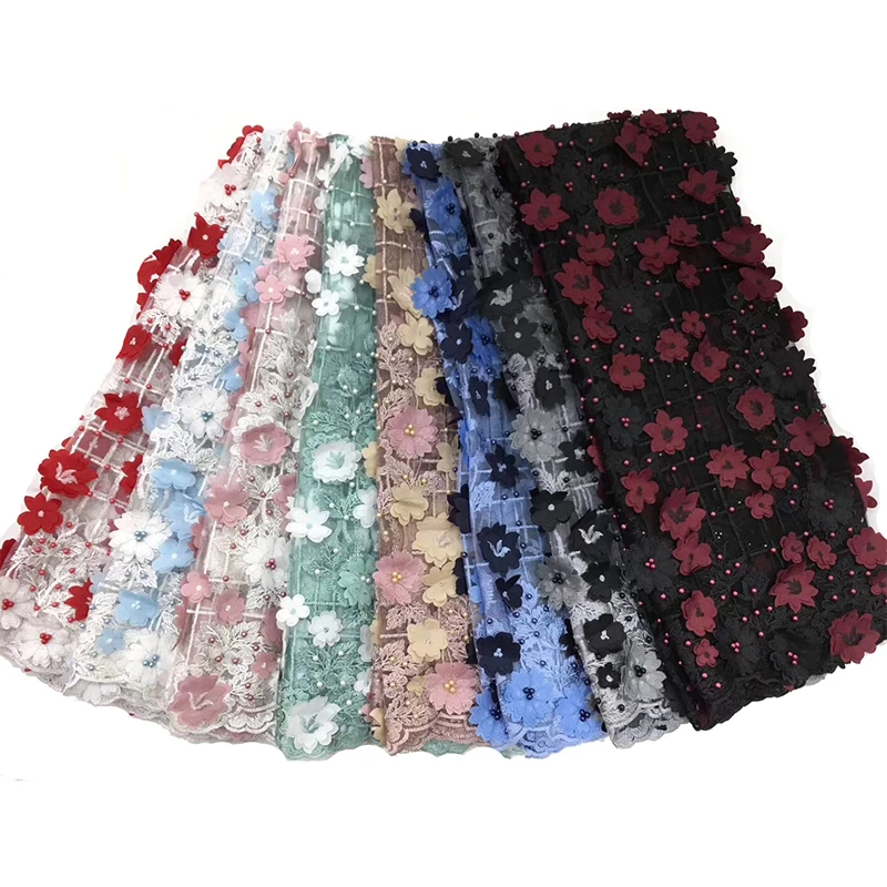 1 Yard African Lace Fabric High Quality 3D Flower Embroidered Tulle Red Black Mesh For Dress Clothing | Дом и сад
