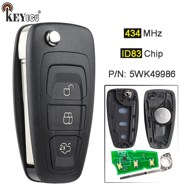 Запасной дистанционный ключ KEYECU 434 МГц 4D63 5WK49986 с 3 кнопками для Ford C Max S Focus MK3 Grand Mondeo