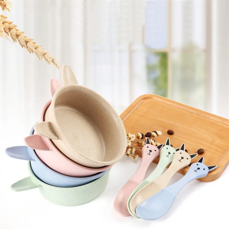 Lovely Children Tableware Set Big Ears Rabbit Shape Bowl+Fun Pattern Spoon Wheat Straw Material Kids Resistance Feeding Bowl