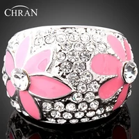 chran enamel pink flower prom wedding rings for women fashion rhodium plated crystal finger rings jewelry ladies gifts
