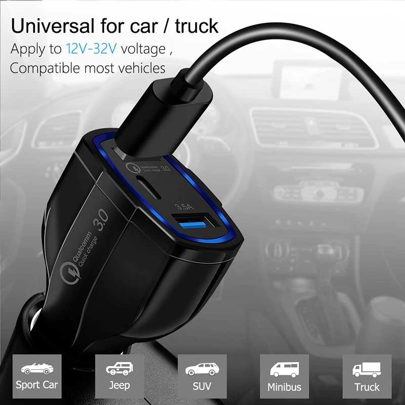 Автомобильное зарядное устройство VicTsing Quick Charge 3 0 с двумя портами USB 3.5A Type-C