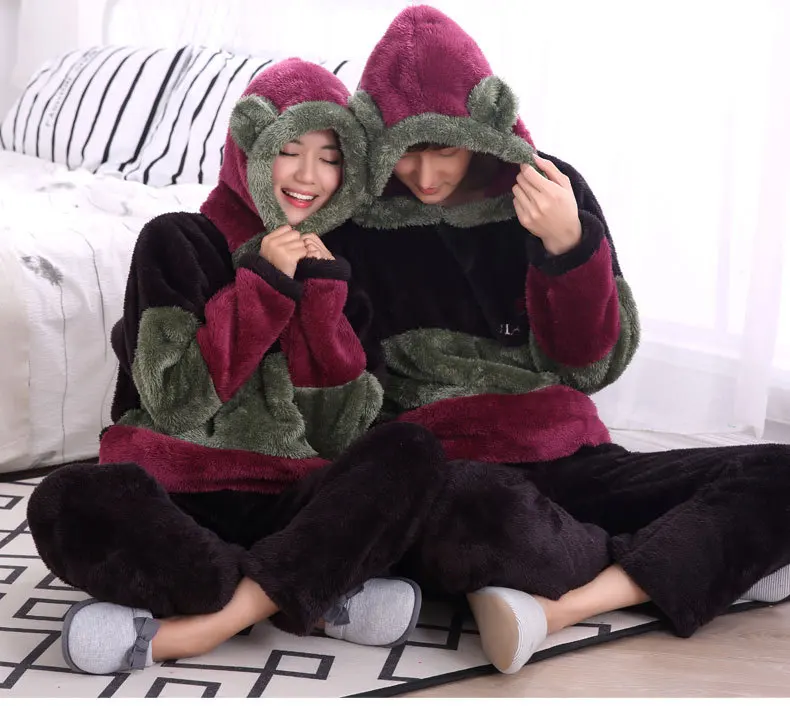 Kawaii lover зимняя домашняя одежда для мужчин пижамный комплект мягкий теплый унисекс с капюшоном полосатые спальные комплекты толстые повседневные женские пижамы костюм