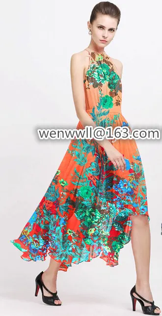High quality Designer 100% pure natural mulberry silk chiffon fabric orange green and gray flower 1meter X148 | Дом и сад