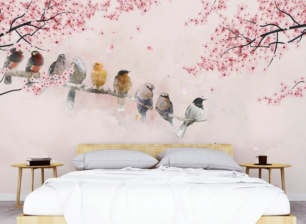 

[Self-Adhesive] 3D Pink Sky Tree Bird Group 11 Wall Paper mural Wall Print Decal Wall Murals