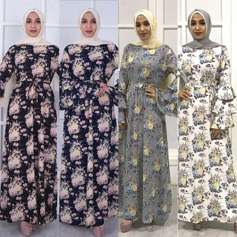 2020 мусульманское платье с цветочным принтом Abaya расклешенными рукавами
