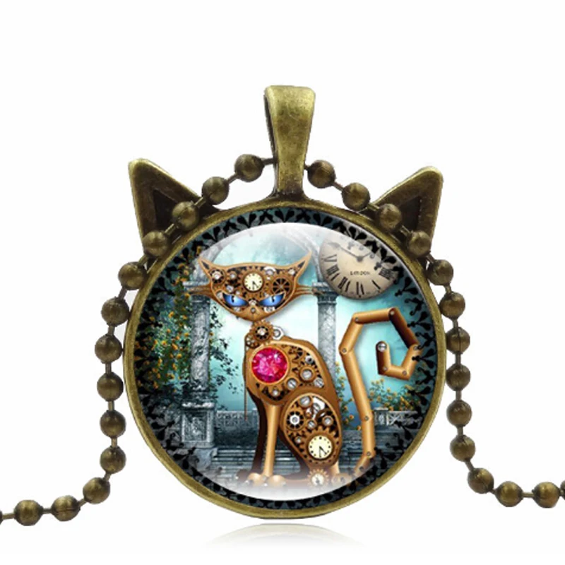 2017 Vintage Jewelry Mechanical Cat Charm Necklace Clock Necklaces &amp Pendants Silver Chain for Women bijoux chat | Украшения и