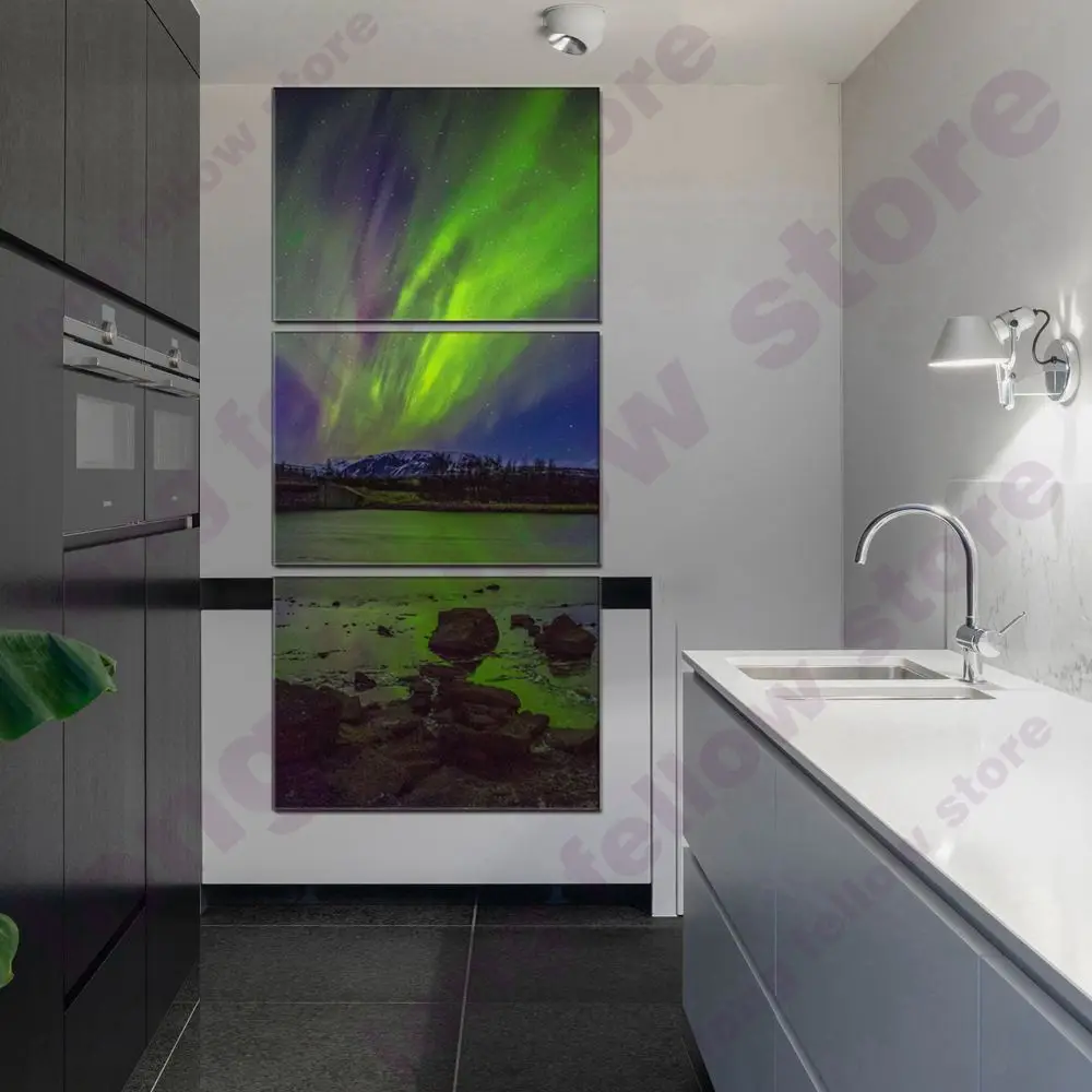 3 Панели Aurora Borealis Плакаты и принты произведения искусства стены для Гостиная