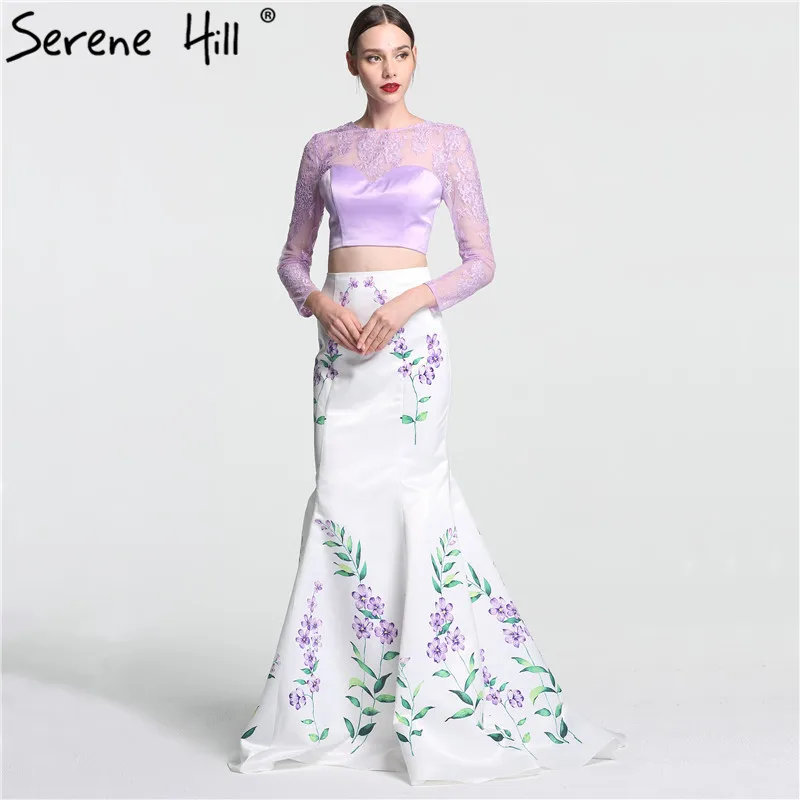 Two Pieces Sexy Printing Pattern Evening Dresses 2018 Long Sleeves Mermaid Satin Prom Dress Serene Hill LA6116 | Свадьбы и торжества