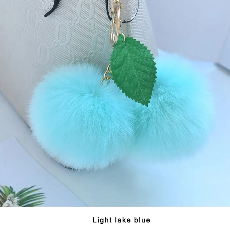 Light lake blue Корейская мода двойной пушистый шарик-помпон брелок конфетного цвета брелок-вишня для сумки автомобиля женщин искусственный мех кролика брелок - Цвет: Light lake blue