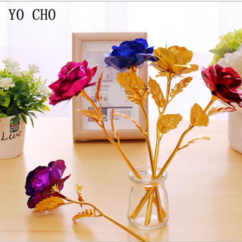 

YO CHO long foil gold rose fake flower Anniversary Gift gold rose girlfriend wedding bouquet home decor flower Mother's Day