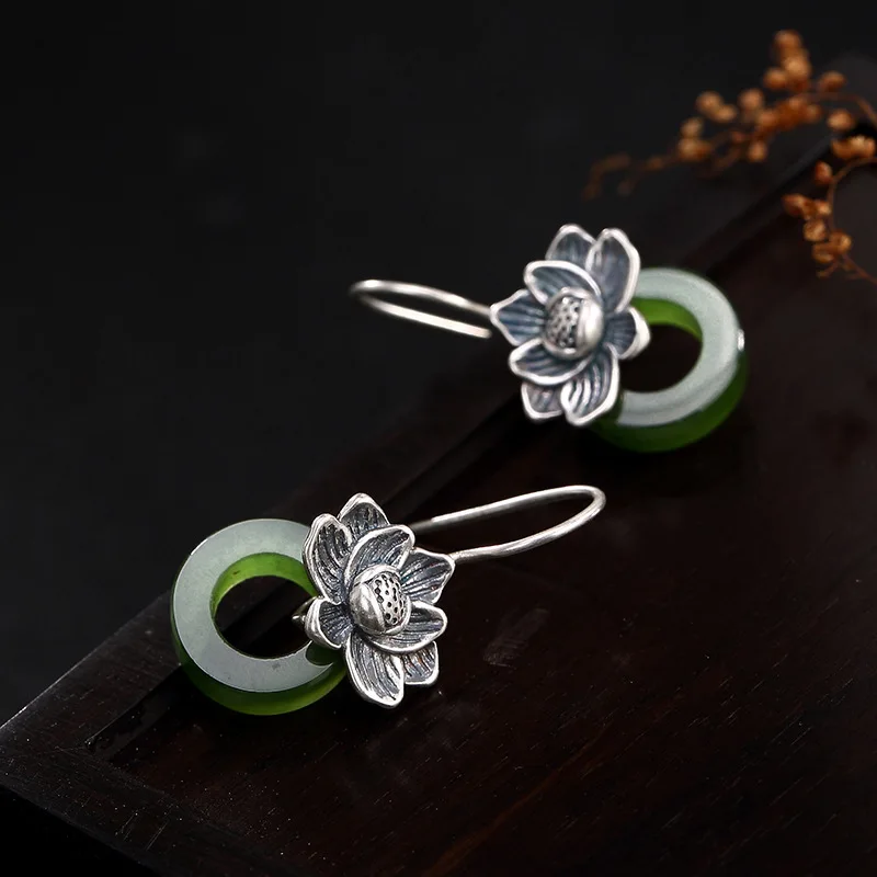 Женские серьги с натуральным нефритом элегантные Винтажные из чистого серебра 925