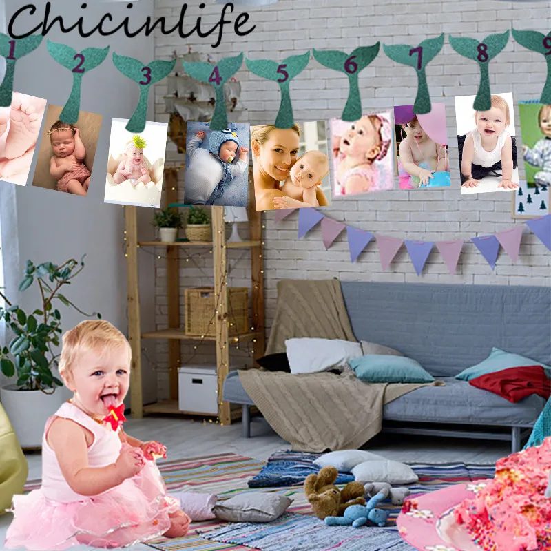 Chicinlife 12 шт Русалка 1 месяцев фото плакат с зажимом день рождения ребенка душ Декор