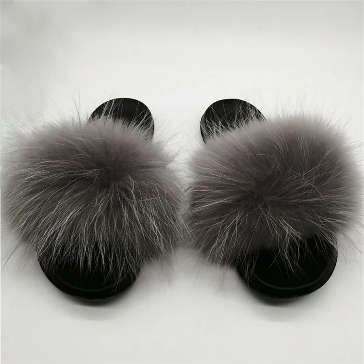 Women Fox Fur Slippers Real Fox Fur Slides Lovely Plush Slippers Woman Summer Home Sandals Women Fur Slides Furry Flip Flops Hot