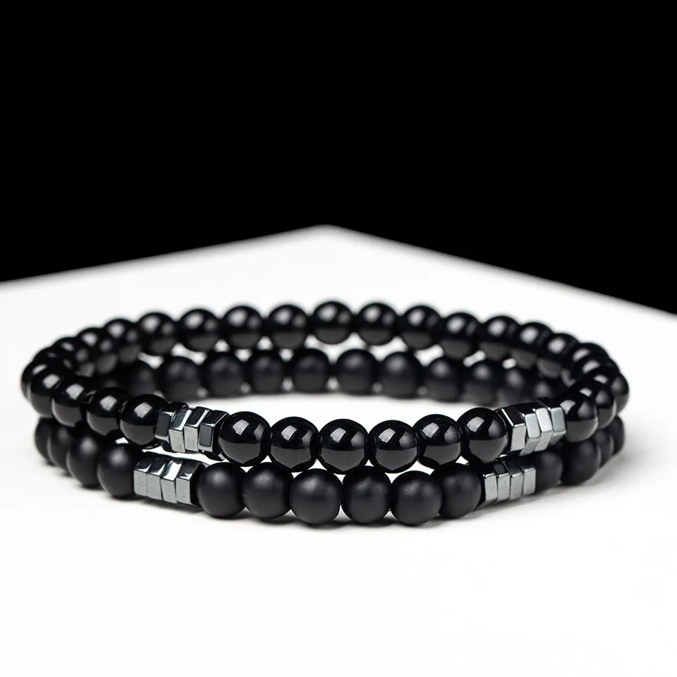 Шарм 6 мм натуральный камень Черные бусы браслеты для женщин и мужчин модные