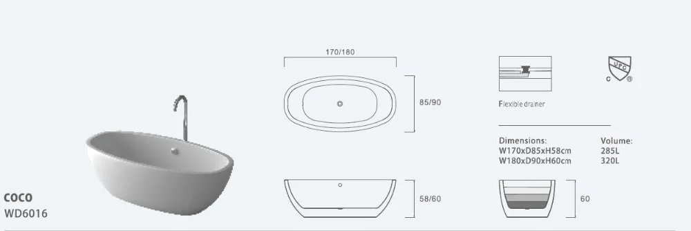 6016 x мм CUPC одобренная акриловая с стекловолоконной Смолой Ванна Отдельно стоящая