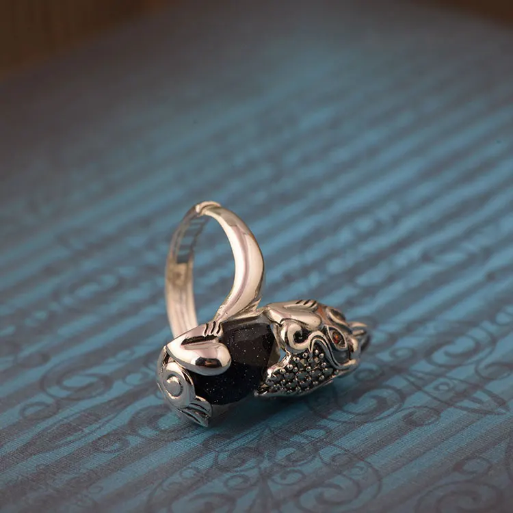 FNJ 925 Серебряное кольцо Pixiu с черным камнем,, S925 Стерлинговое тайское серебро, кольца для женщин и мужчин, ювелирные изделия, регулируемый размер