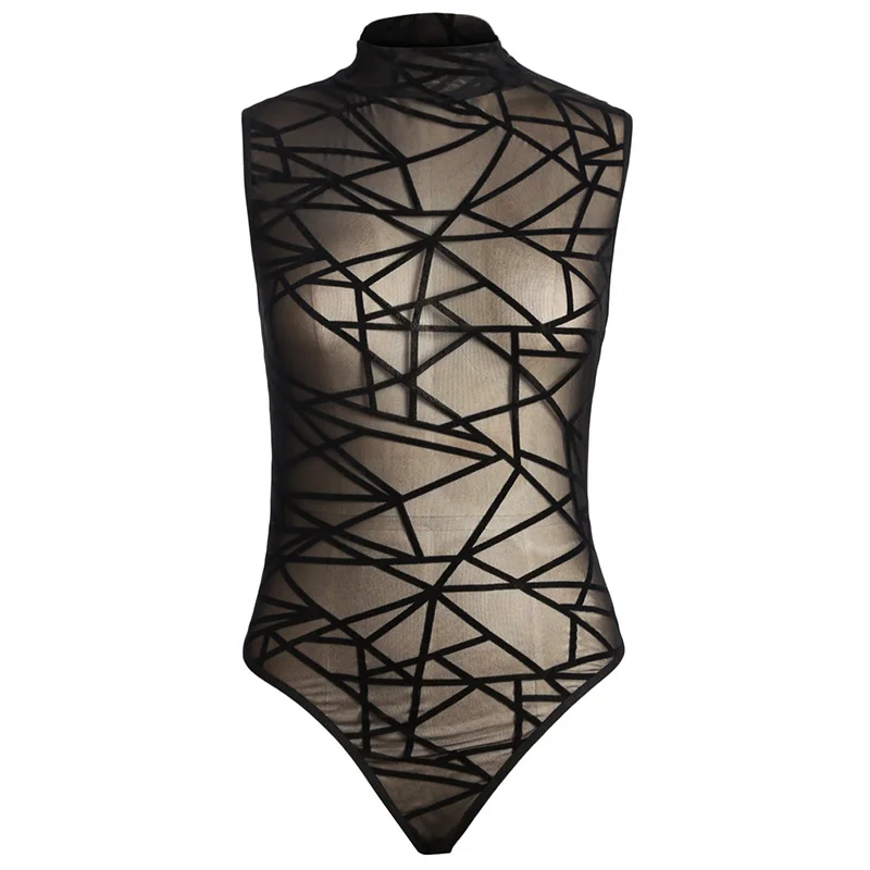 Sexy Sheer Mesh Sleeveless Bodysuit Women Mock Neck Velvet Transparent Party Club Jumpsuit Female Body Tops Tee Outfit Overalls |
