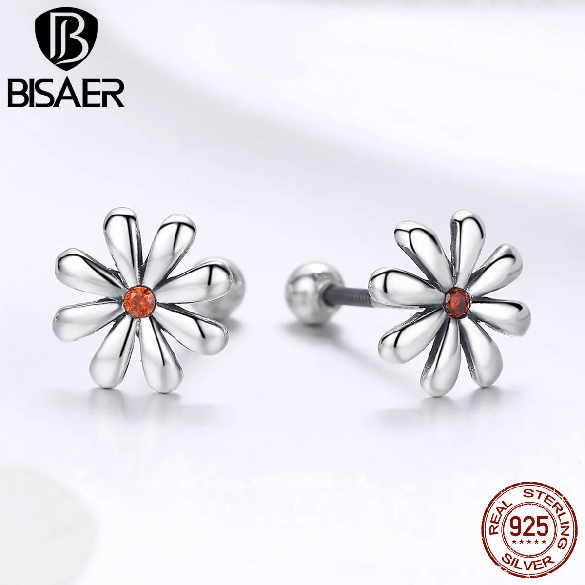 BISAER, серьги-гвоздики для женщин, 925 пробы, серебро, красный, с ромашками, эмалированное, цветок, Корея, серьги, дизайн, модное ювелирное изделие GXE460