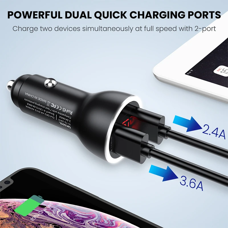 MEIDI автомобильное USB зарядное устройство адаптер 3.6A Быстрая зарядка QK2.4 Быстрая зарядка 3,0 двойной порт светодиодный цифровой дисплей совместим со смартфоном