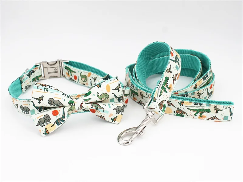 collar bow leash Ошейник и поводок динозавра с галстуком-бабочкой для больших и маленьких собак, хлопковый тканевый ошейник с металлической пряжкой цвета розового золота - Цвет: collar bow leash