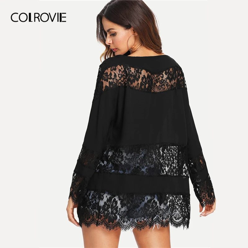 COLROVIE, черный, однотонный, кружевной, с вышивкой, открытый перед, Женский Повседневный Кардиган, пальто,, летнее, с длинным рукавом, с вырезом, прозрачное, сексуальное пальто