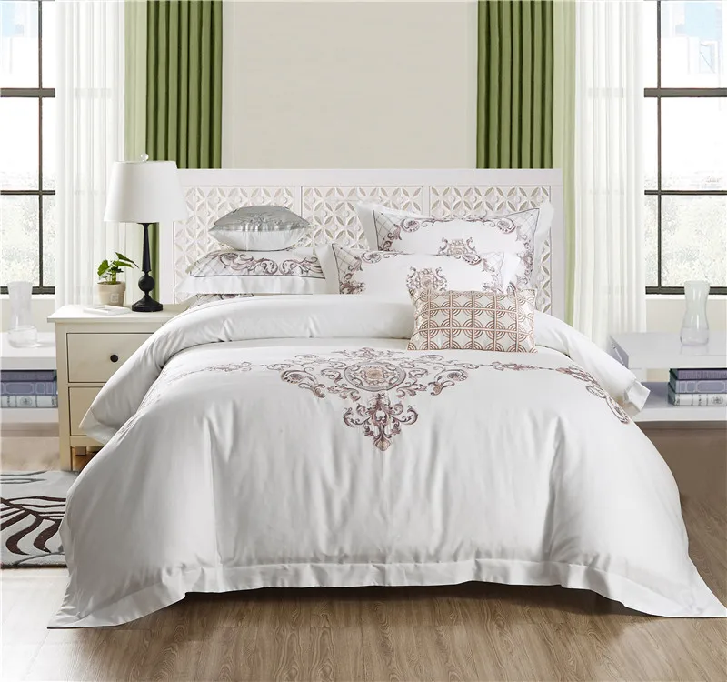 

IvaRose Egyptian cotton bed linen high thread count satin bedding sets bedspreads white duvet cover set Embroidery 28