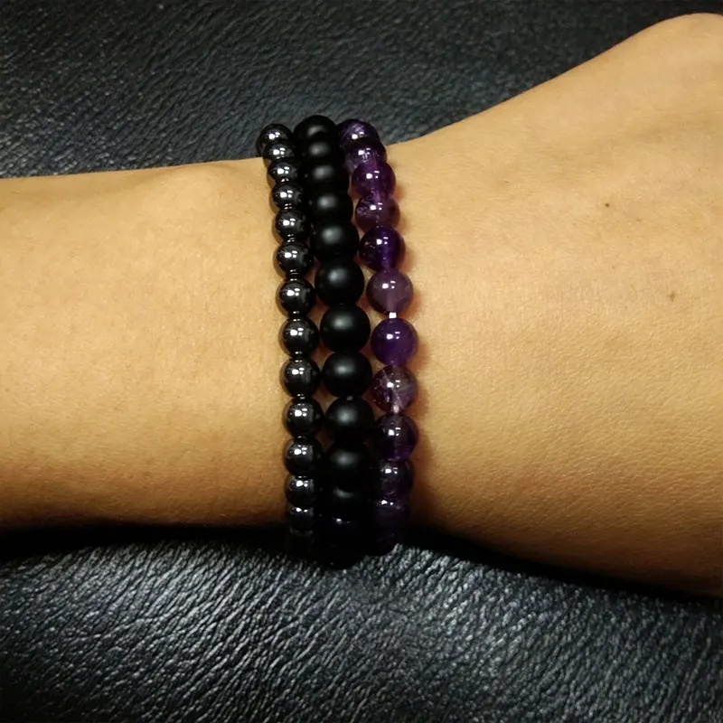 Trendy 3Pcs/set Jewelry For Women Men 6mm Black Matte Hematite Quartzs Amethysts Prayer Beads Buddha Bracelet Set | Украшения и