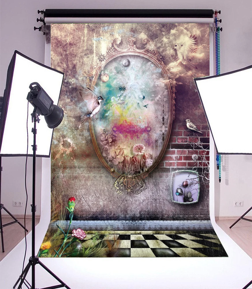 Laeacco Fairy Tale Mirror Birds Brick Wall Photography Backgrounds Customized Photographic Backdrops For Photo Studio | Электроника